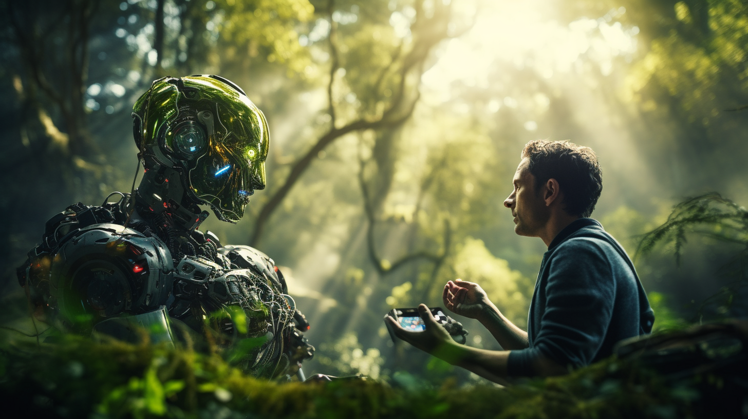 Współpraca z asystentem AI w środku lasu